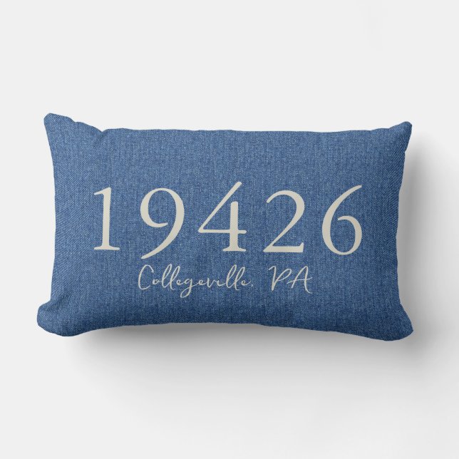 Farmhouse Faux Denim Personalized Zip Code Lumbar Pillow (Front)