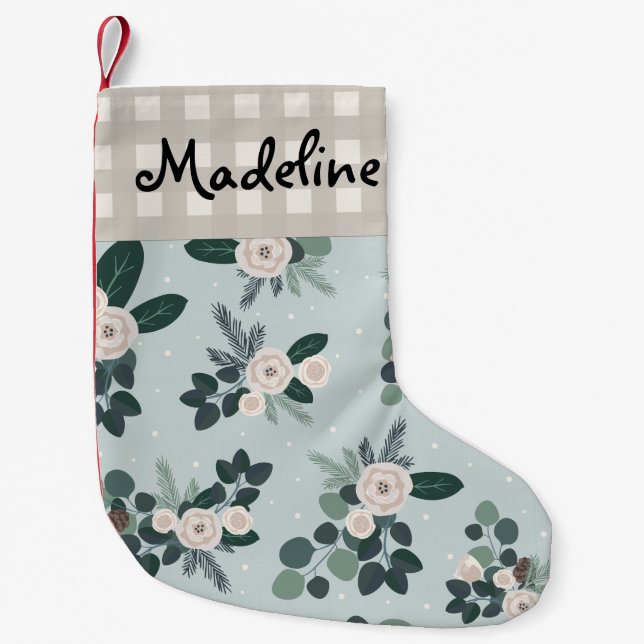 Farmhouse Floral Gingham Country Name Small Christmas Stocking (Front)
