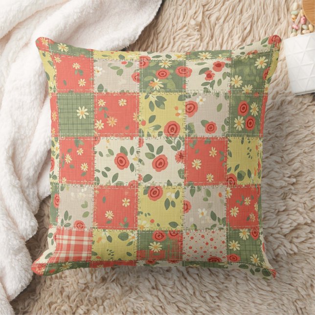 Farmhouse Floral Patchwork Pattern Throw Pillow (Blanket)