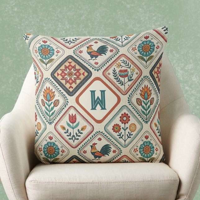 Farmhouse Folk Sage Green and Orange Monogram  Throw Pillow (Creator Uploaded)