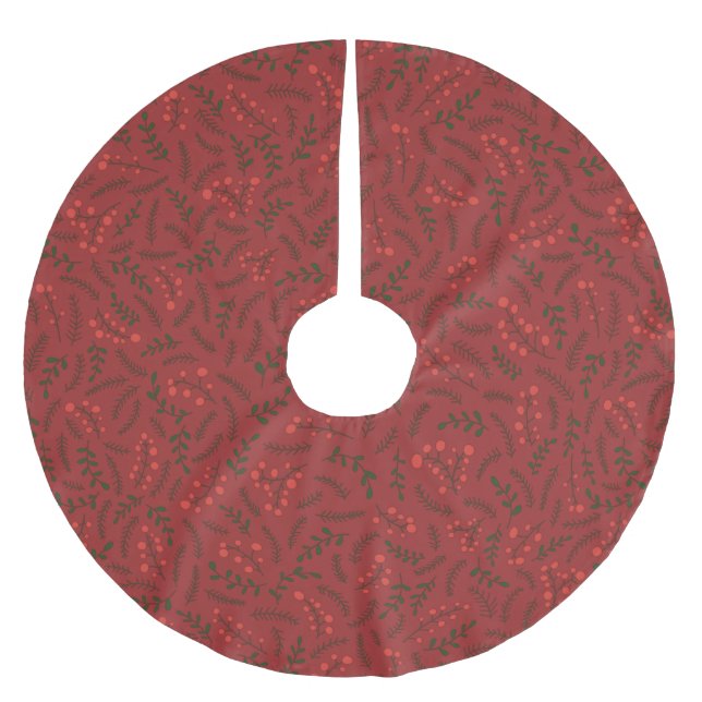 Farmhouse garnet red green rustic foliage pattern brushed polyester tree skirt (Front)