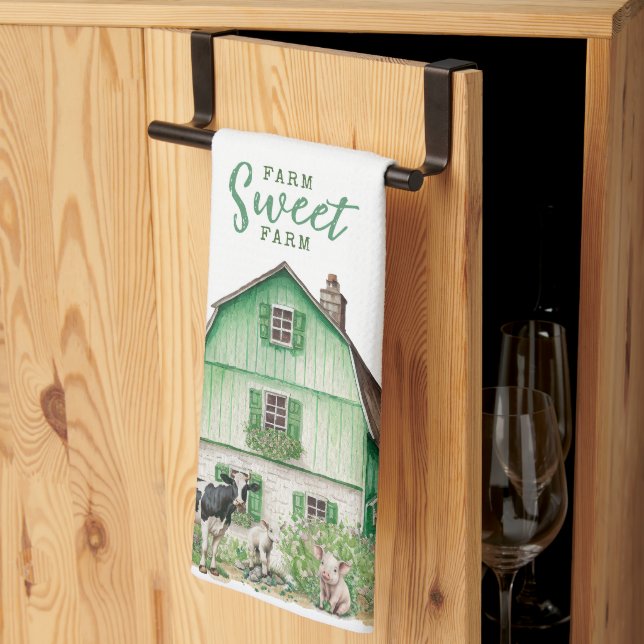 Farmhouse | Green Barn with Farm Animals Kitchen Towel (Thirds Fold)