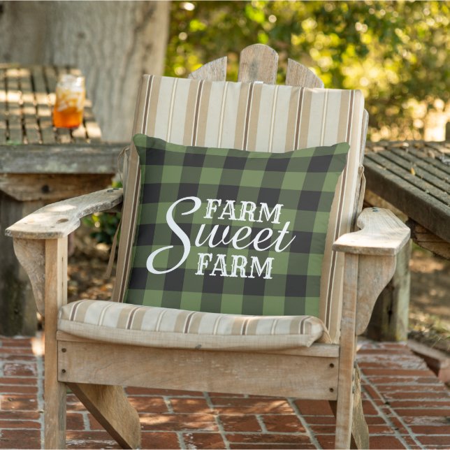 Farmhouse Green Black Buffalo Lumberjack Check Outdoor Pillow (Chair)