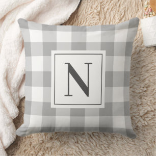 Farmhouse Grey Gingham Check Plaid Monogram Throw Pillow