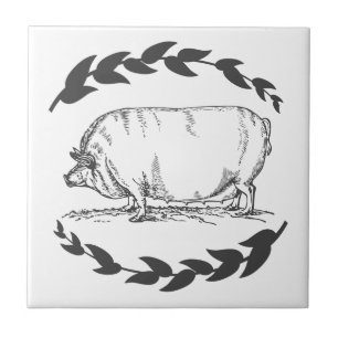 Farmhouse Grey Sow Pig & Laurels Tile
