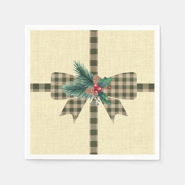 Farmhouse Holiday Plaid Bow Square Paper  Napkin (Front)