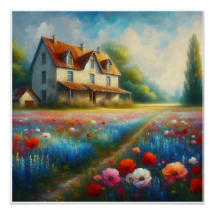 Farmhouse in a field of flowers poster