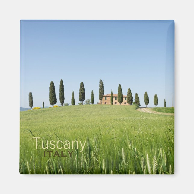 Farmhouse in Tuscany with cypresses text magnet (Front)