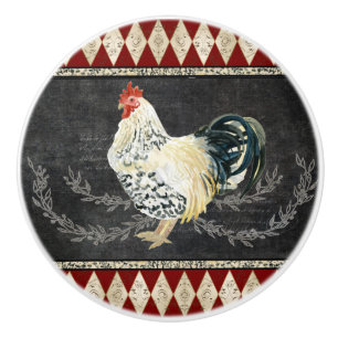Farmhouse Kitchen Rooster Chalkboard Black n White Ceramic Knob