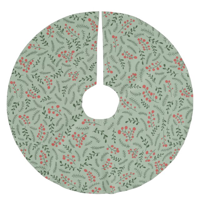 Farmhouse laurel green red foliage pattern cute brushed polyester tree skirt (Front)