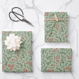 Farmhouse laurel green red foliage pattern cute wrapping paper sheet