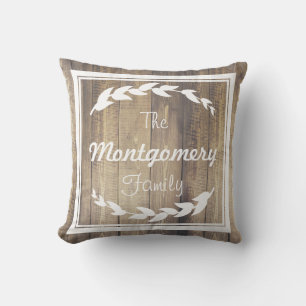 Farmhouse Laurel Sprigs Barn Wood Family Name Throw Pillow
