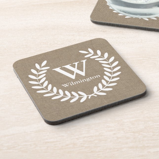Farmhouse Laurels Faux Burlap Family Name Coaster (Left Side)