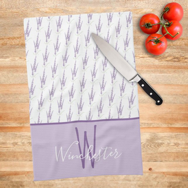 Farmhouse Lavender Flowers Custom Name Monogram Kitchen Towel (Creator Uploaded)
