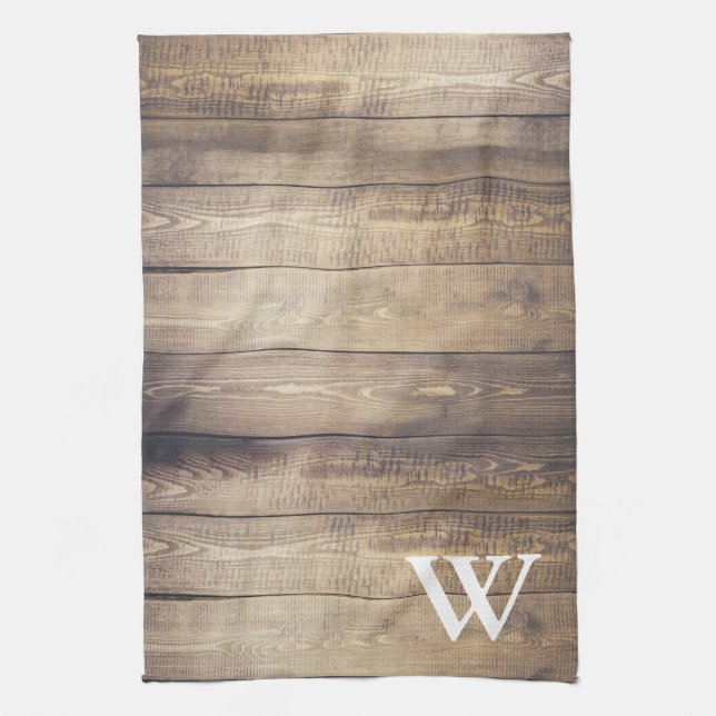 Farmhouse Light Barn Wood Planks Monogram Kitchen Towel (Vertical)