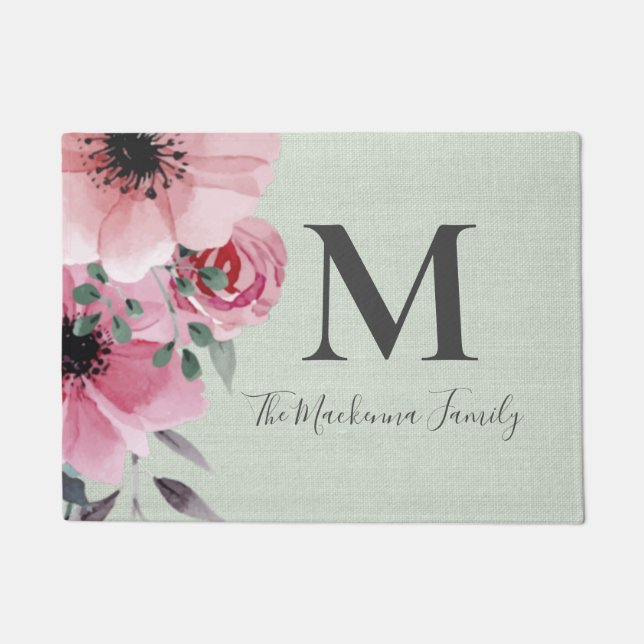 Farmhouse Monogram Personalized Burlap Sage Green Doormat (Front)
