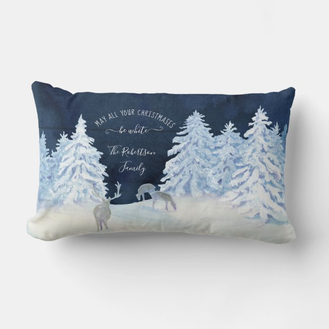 Farmhouse Navy Snowing White Christmas Family Name Lumbar Pillow (Front)