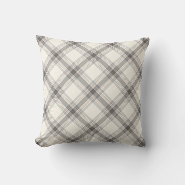 Farmhouse Neutral Plaid Pillow in Grey, Tan, Ivory (Front)