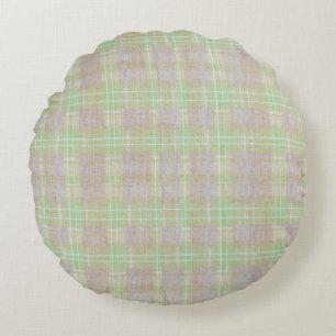 Farmhouse Neutral Sage Plaid Round Pillow