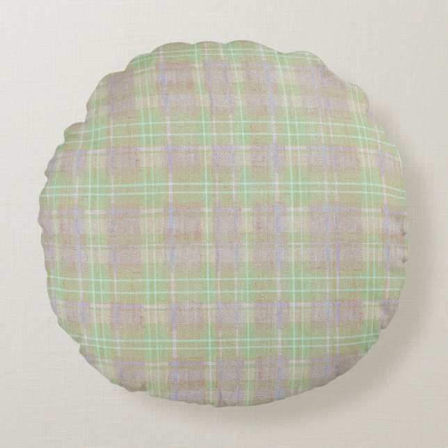 Farmhouse Neutral Sage Plaid Round Pillow (Front)
