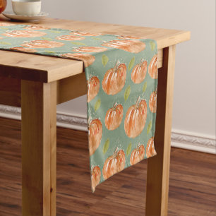 Farmhouse Orange and Green Watercolor Pumpkin  Short Table Runner