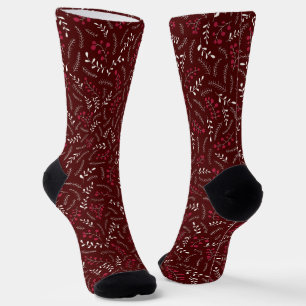 Farmhouse oxblood bordeaux rustic foliage pattern socks