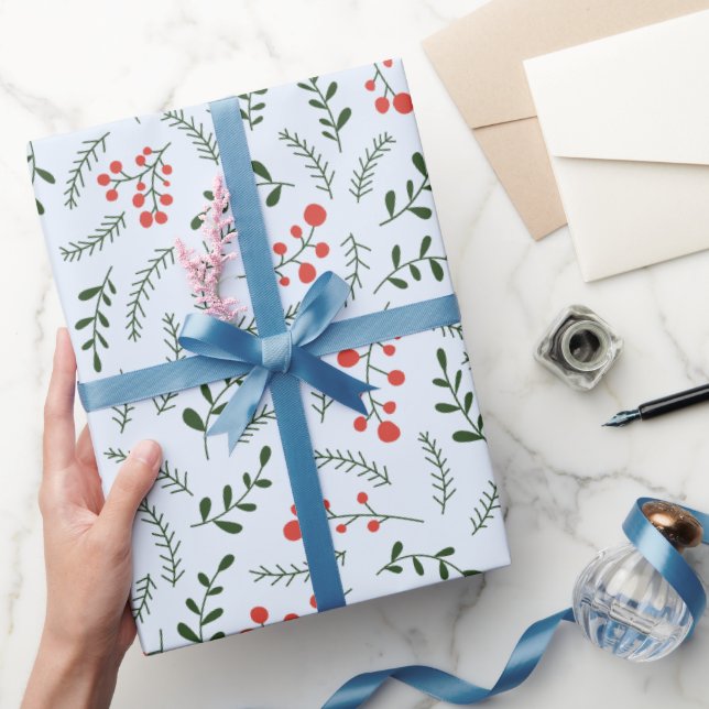 Farmhouse pale blue dark green foliage pattern  wrapping paper (Gifting)