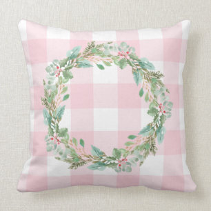 Farmhouse Pastel Pink Check Plaid Christmas Wreath Throw Pillow