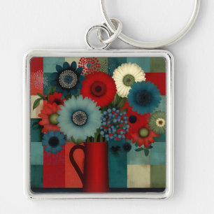 Farmhouse Patchwork Blue Berry Bouquet Keychain