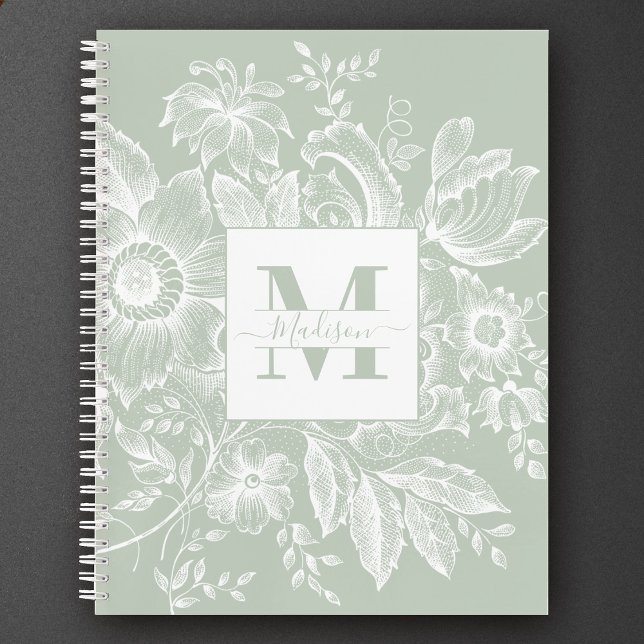 Farmhouse Peony Monogram Navy French Light Green Notebook (Creator Uploaded)