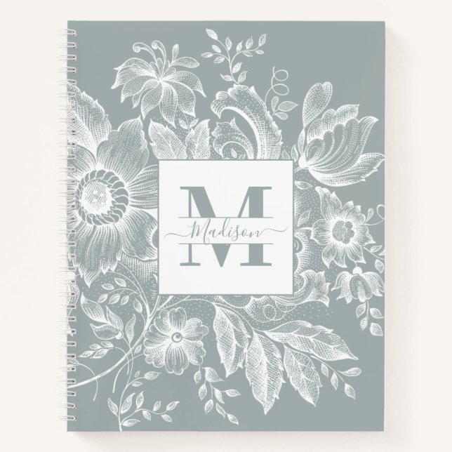 Farmhouse Peony Monogram Navy French Light Grey Notebook (Front)