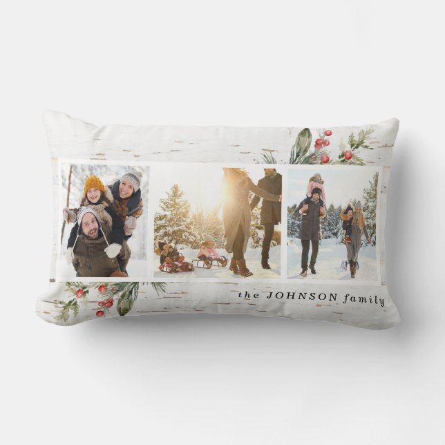 Farmhouse Photo Collage Plaid Christmas Lumbar Pillow (Front)