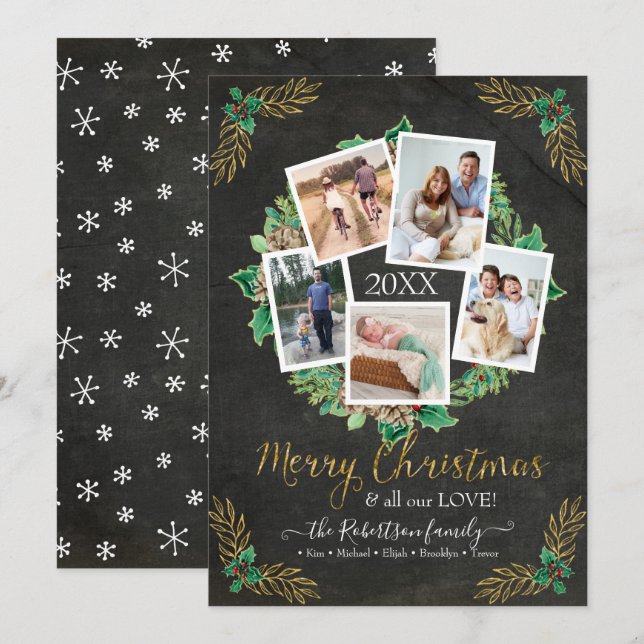Farmhouse Photo Wreath Gold Christmas Chalkboard H Holiday Card (Front/Back)