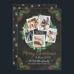 Farmhouse Photo Wreath Gold Christmas Chalkboard H Holiday Card<br><div class="desc">"Farmhouse Photo Wreath Gold Christmas Chalkboard Holiday Card." Watercolor wreath of pine cones, holly and fir greenery over a rich, distressed chalkboard background with gold glitter script, "Merry Christmas" and your family message in charming calligraphy typography. White hand drawn snowflakes on the reverse side. All art by internationally licensed artist...</div>