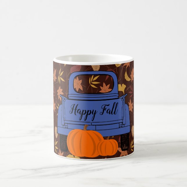 Farmhouse Pick-up Truck Pumpkins Leaves Fall Blue Coffee Mug (Center)