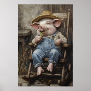 Farmhouse Pig Print, Overalls and Straw Hat Poster