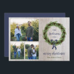 Farmhouse Pine Wreath 3 Photo | Christmas Letter Holiday Card<br><div class="desc">Affordable custom printed holiday photo cards with a simple template for customization. This simple farmhouse inspired design features a wreath of pine branches and pinecones with a navy blue bow on a rustic weathered wood background. Add your personal family Christmas letter or year in review on the back side. Use...</div>