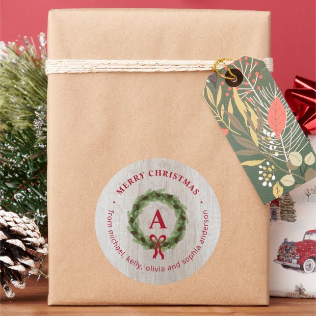 Farmhouse Pine Wreath Monogram Merry Christmas Classic Round Sticker (Holiday)