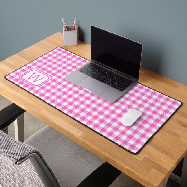 Farmhouse Pink and White Gingham Plaid Monogram Desk Mat (Office 2)