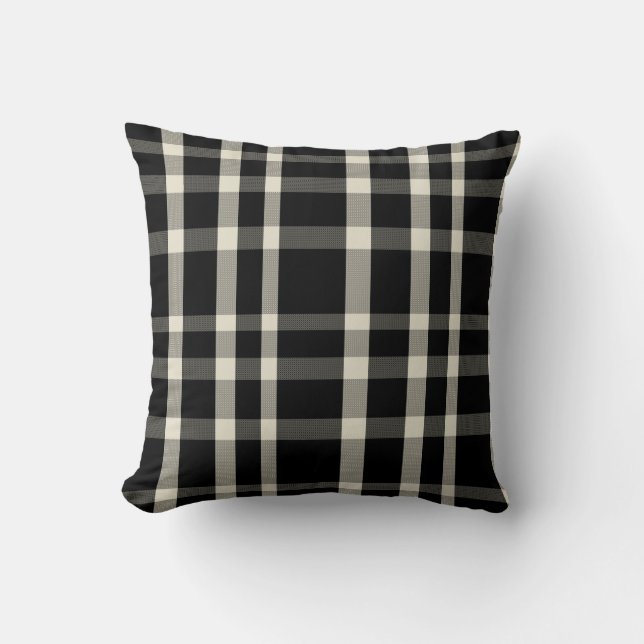 Farmhouse Plaid Black Cream Throw Pillow (Front)