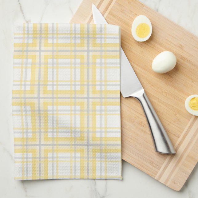 Farmhouse Plaid, Butter Yellow, Grey, Cream Kitchen Towel (Quarter Fold)