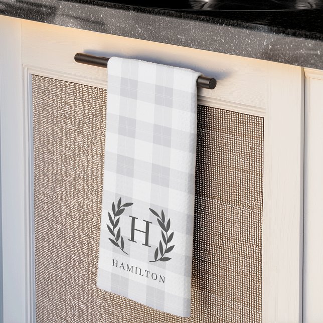 Farmhouse Plaid Laurel Monogram & Name Kitchen Towel (Creator Uploaded)