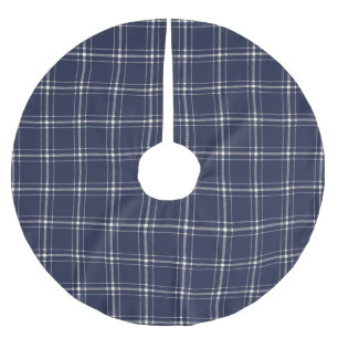 Farmhouse plaid navy off white hand drawn country brushed polyester tree skirt