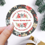 Farmhouse Poinsettia Baked with Love Christmas Classic Round Sticker<br><div class="desc">From the Farmhouse Poinsettia Christmas & Holiday Collection: Farmhouse Poinsettia Baked with Love Holiday, with Beautiful Curved Typography and Personalized Food Name and Text. Easily customize text for this pretty Christmas label Template. In 4 different colorway options, this option features a black background colour, and pretty watercolor poinsettia and greenery...</div>