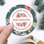 Farmhouse Poinsettia Baked with Love Christmas Classic Round Sticker<br><div class="desc">From the Farmhouse Poinsettia Christmas & Holiday Collection: Farmhouse Poinsettia Baked with Love Holiday, with Beautiful Curved Typography and Personalized Food Name and Text. Easily customize text for this pretty Christmas label Template. In 4 different colorway options, this option features a teal green background colour, and pretty watercolor poinsettia and...</div>
