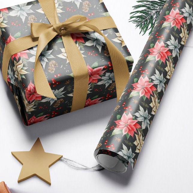 Farmhouse Poinsettia Black Rustic Christmas Wrapping Paper (Creator Uploaded)