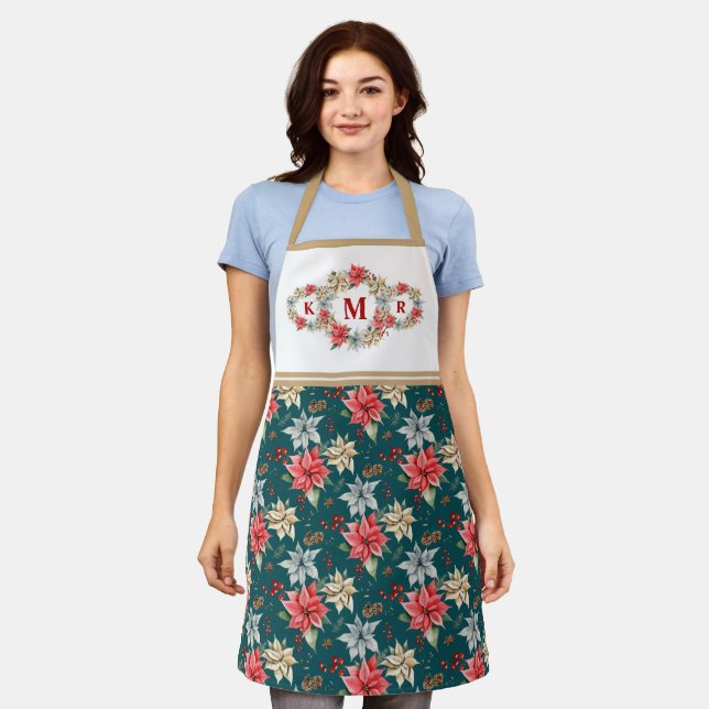 Farmhouse Poinsettia Christmas Monogram Holiday Apron (Worn)