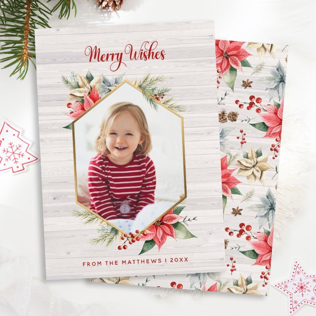Farmhouse Poinsettia Rustic Hexagon Framed Photo Holiday Card (Creator Uploaded)