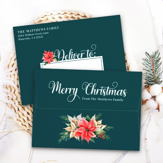 Farmhouse Poinsettia Teal A7 5x7 Christmas Card Envelope (Creator Uploaded)