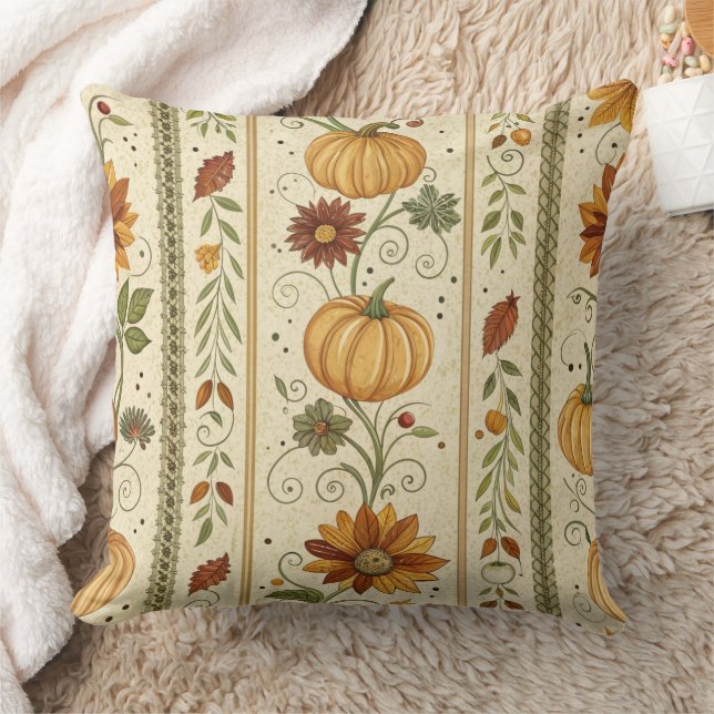 Farmhouse Pumpkin Fall Foliage Autumn Pattern Throw Pillow (Blanket)